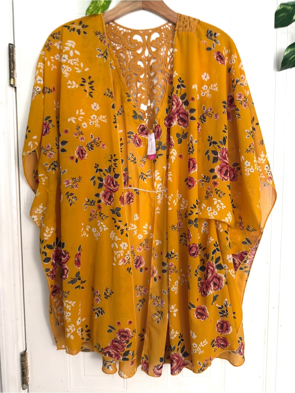 No Boundaries Boho Mustard Floral Lace-Back Kimono Cottagecore L